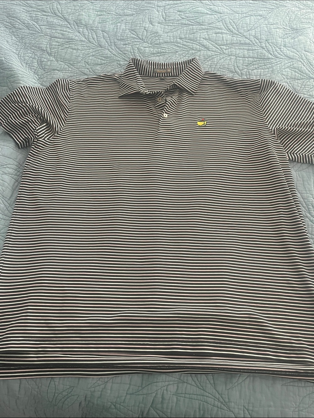 Peter Millar Black, White and Pink Striped Polo with Yellow Logo